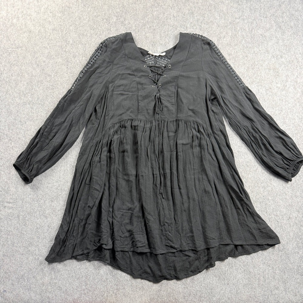 LUSH Black Lace Up Babydoll Tunic Top Crochet Sleeve Rayon Boho Womens Medium